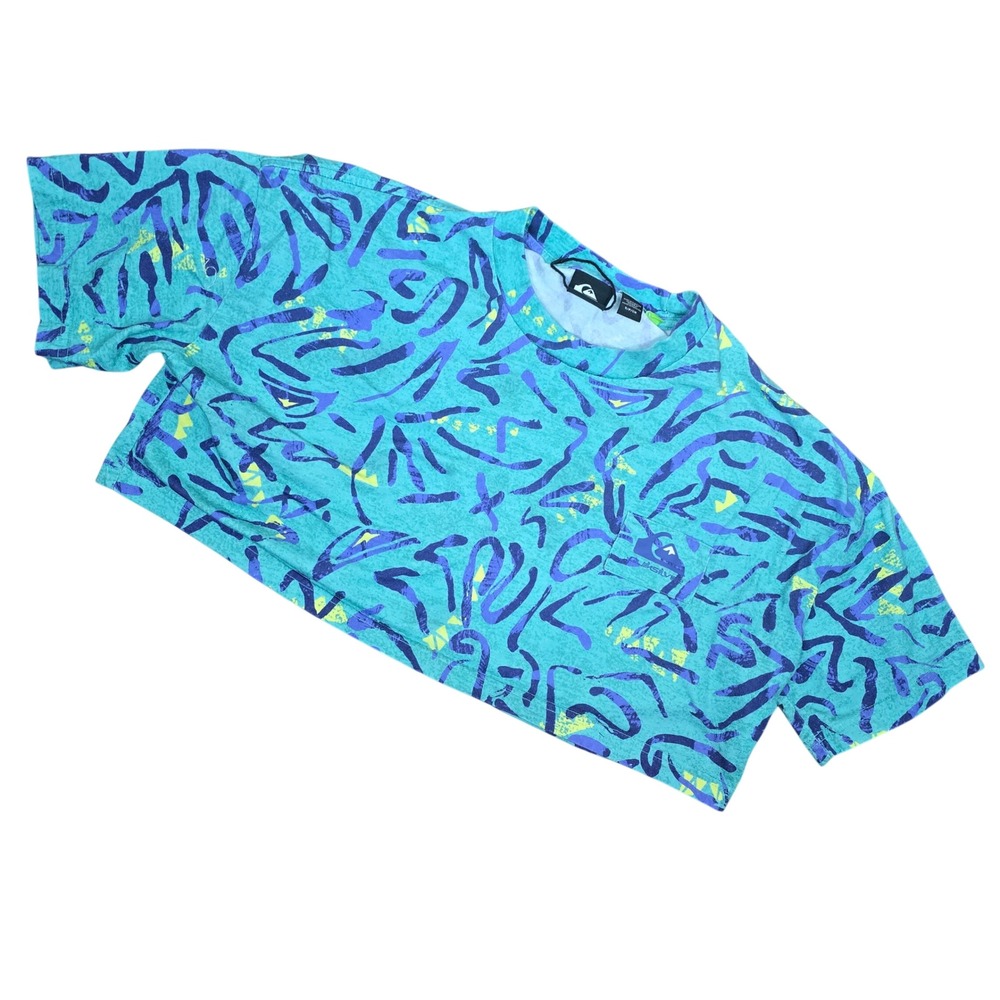 Quiksilver Mysterious Waves Cropped T-Shirt Teal Purple Abstract Print Size S